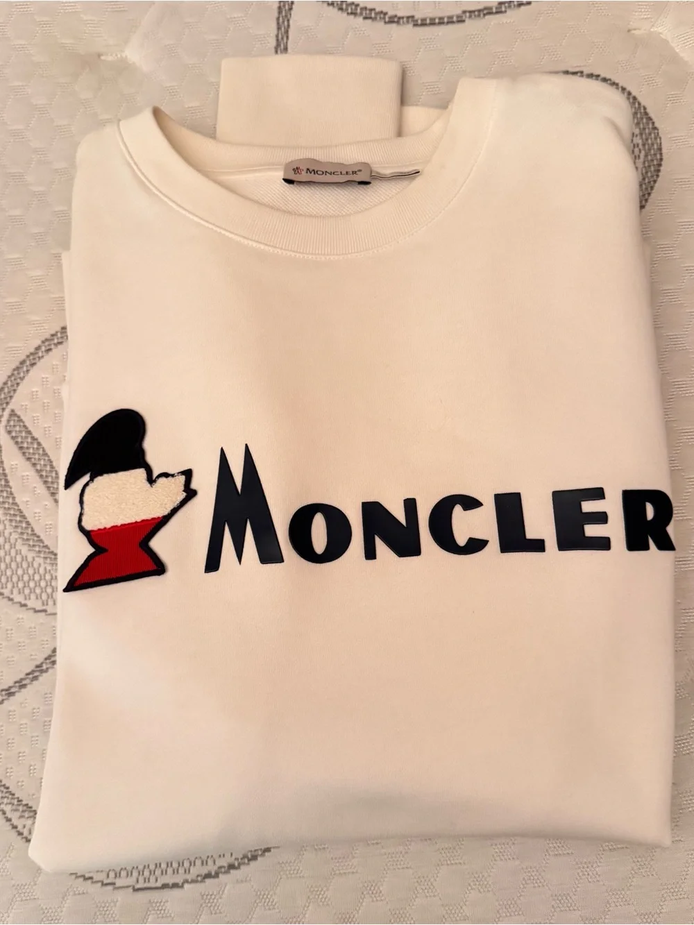 Moncler Cream Crewneck Sweatshirt with Black and Red Logo Patch